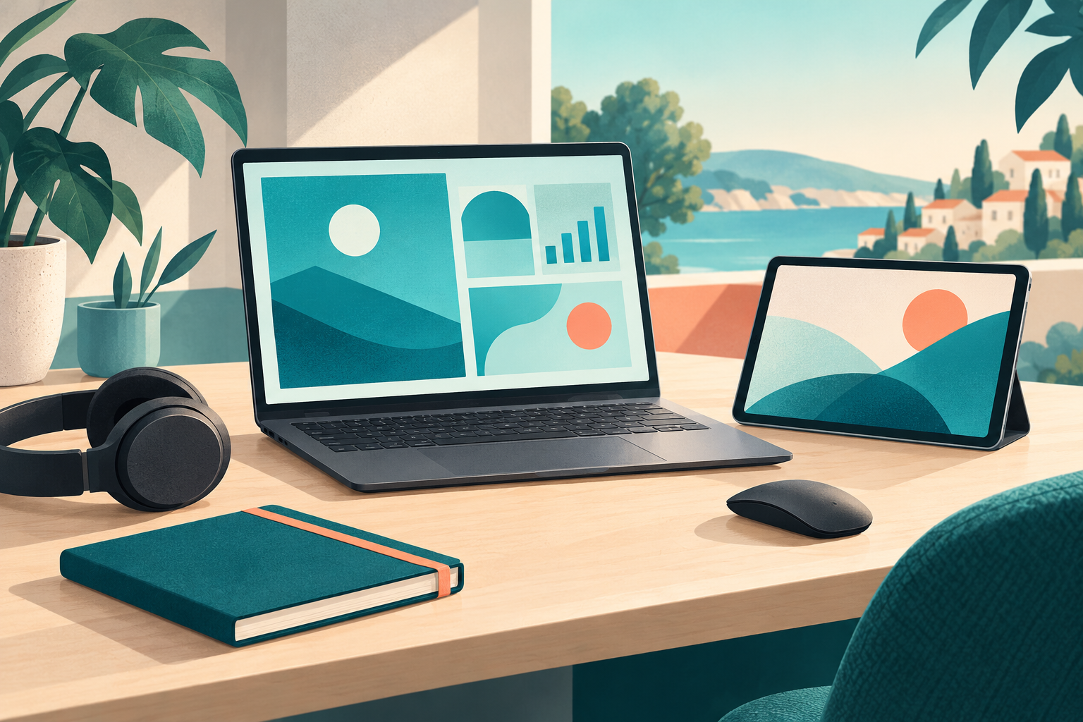 Illustration d'un ordinateur portable, d'une tablette et d'accessoires de bureau