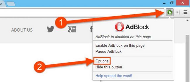 Accès AdBlock options de la barre d'outils