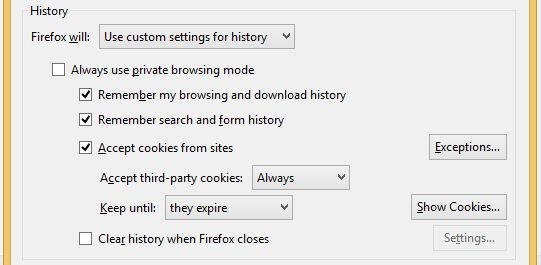 Firefox paramètres de l'historique personnalisé
